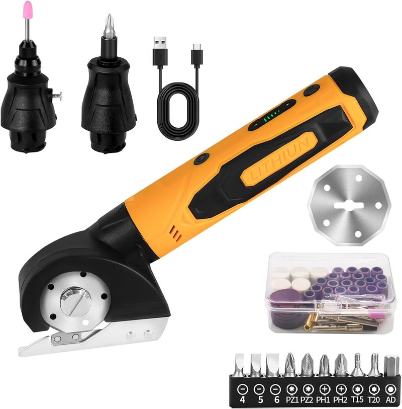 VYRALOFT 4-In-1 Cordless Electric Scissors,90pcs Multi-Functional 4V Cardboard Cutter Electric,Includes Interchangeable Rotary Tool Kit,Suitable For Cardboard Cutting,Sanding,Drilling,And Diy Crafts - Image 1